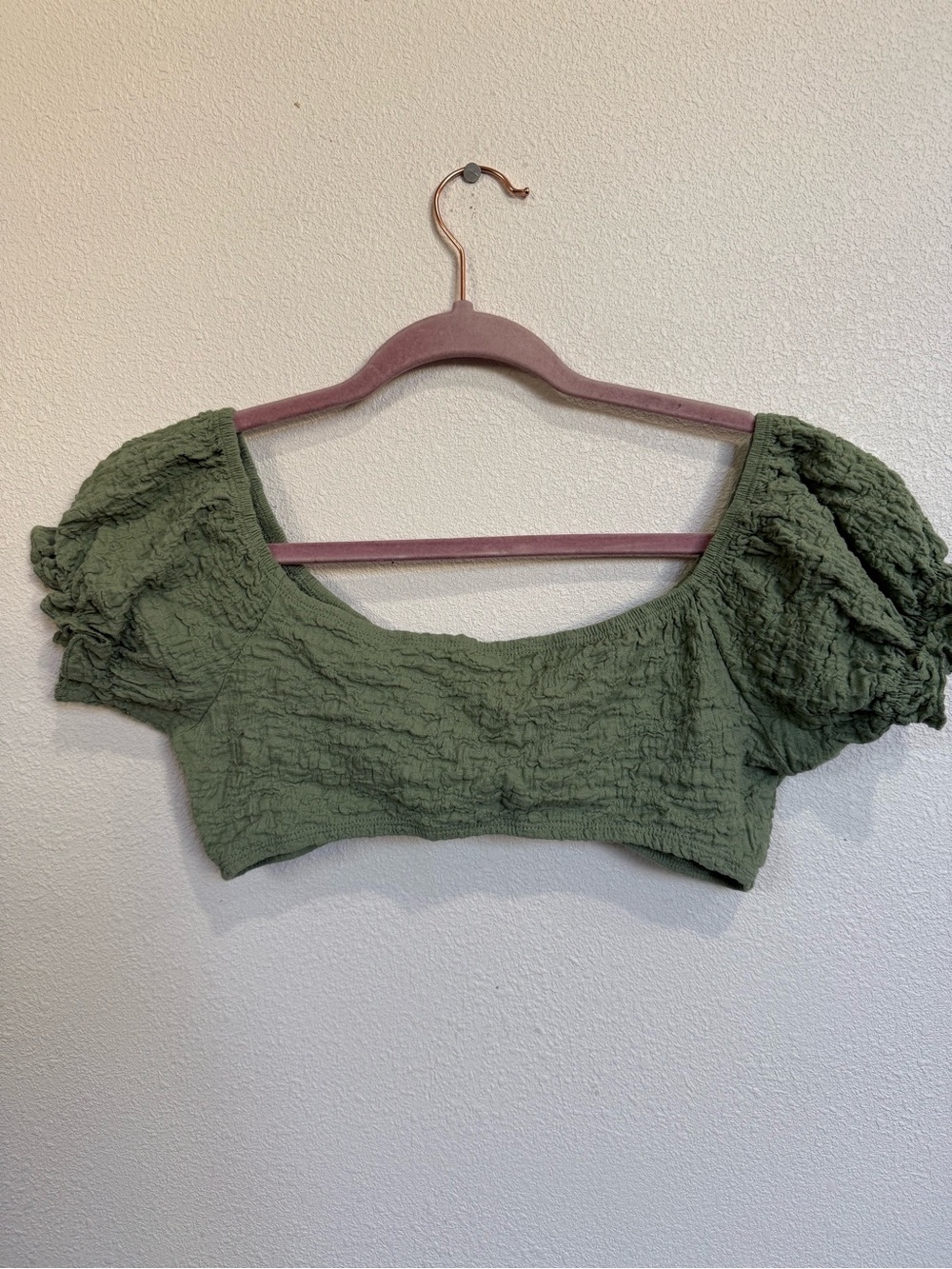 Sage Green Textured Two Piece Beach Set Wrap Skirt Puff Sleeve Top - Picture 7 of 11